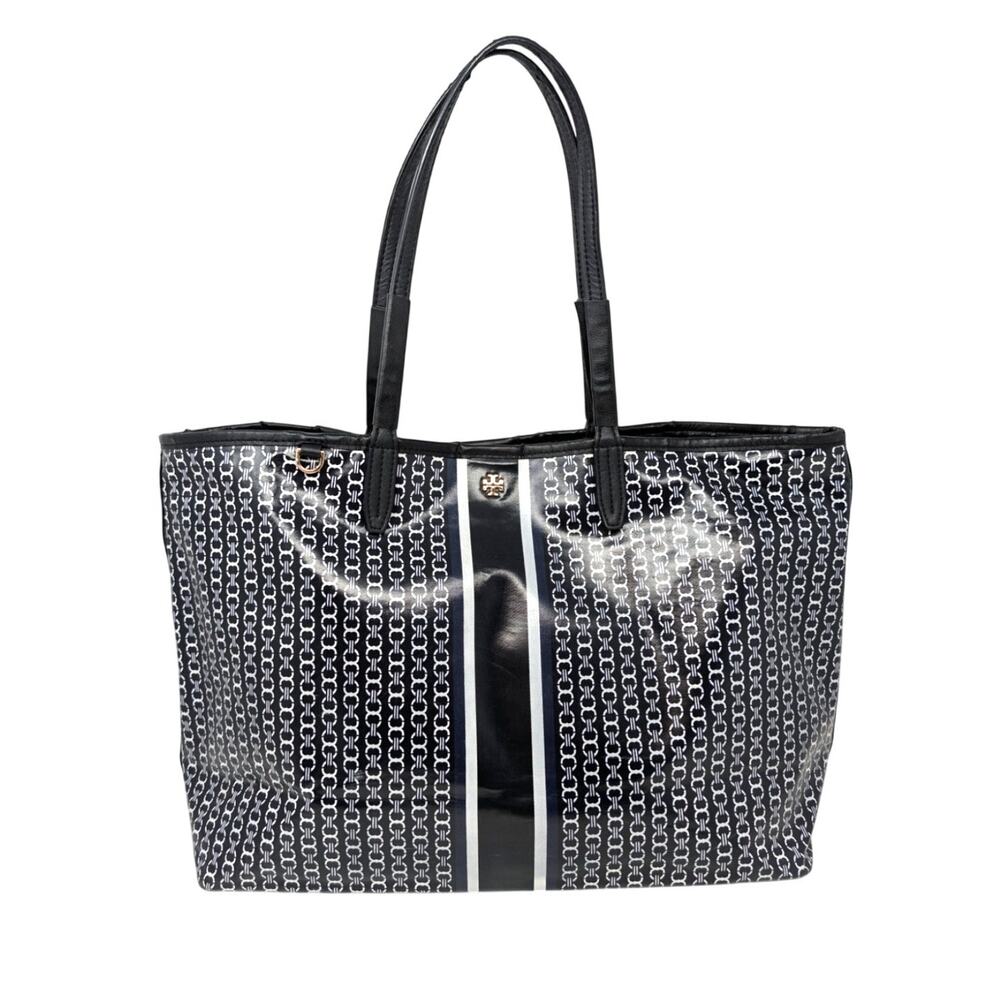Tory Burch Gemini Link Tote Black Logo Print Coated Canvas Carryall